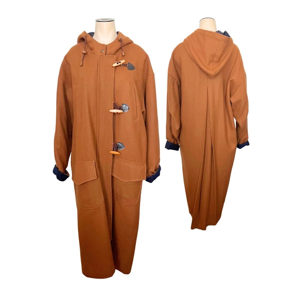 Vintage 1980s 90s Stephanie Mathews Camel Brown and Navy Wool Toggle Coat // S